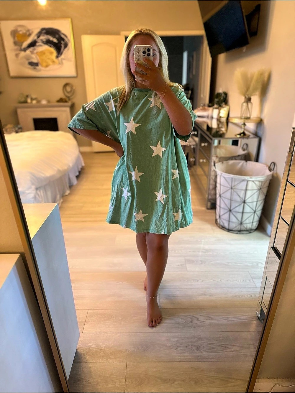 Easel Star Print Mini Dress Mint Green Size Large oversized